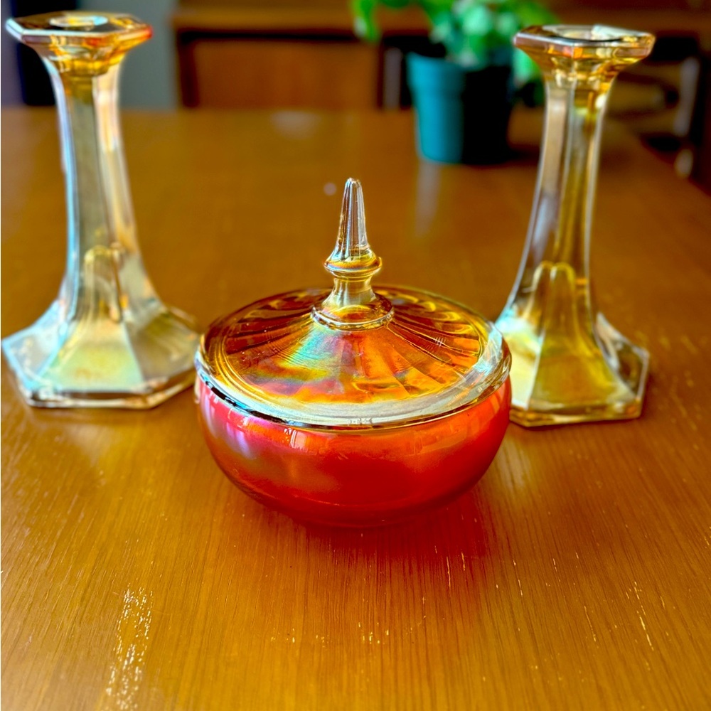 Vintage marigold carnival glass candlesticks